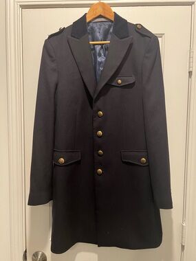 Zara Men's Navy Military-Style Coat with Brass Buttons
